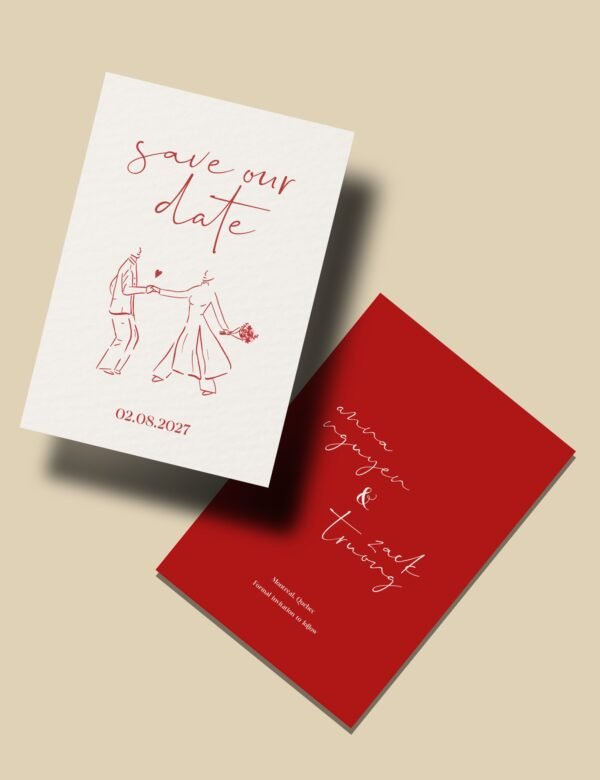 vietnamese bride dancing in ao dai illustration on double sided save the date template