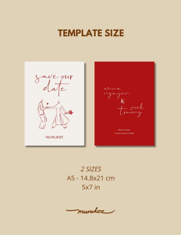 size of vietnamese bride dancing in ao dai illustration on double side save the date template card