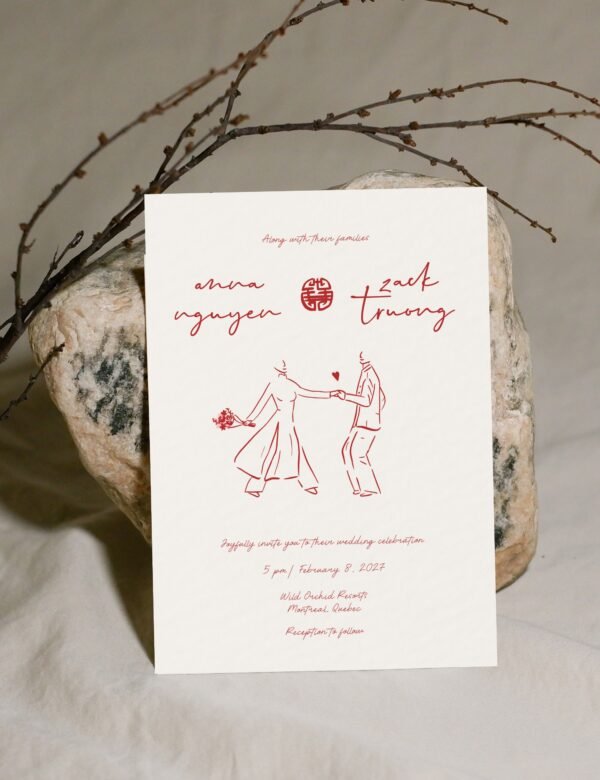 vietnamese bride dancing in ao dai illustration on wedding invitation template set