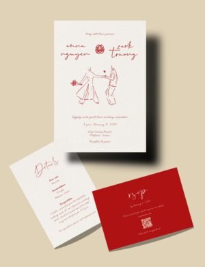 vietnamese bride dancing in ao dai illustration on wedding invitation template set