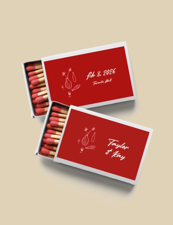 bold red hand drawn whimsical illustration on matchbox wedding favor template by munikoz