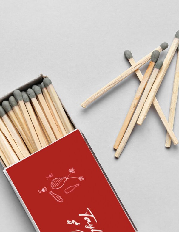 bold red hand drawn whimsical illustration on matchbox wedding favor template by munikoz