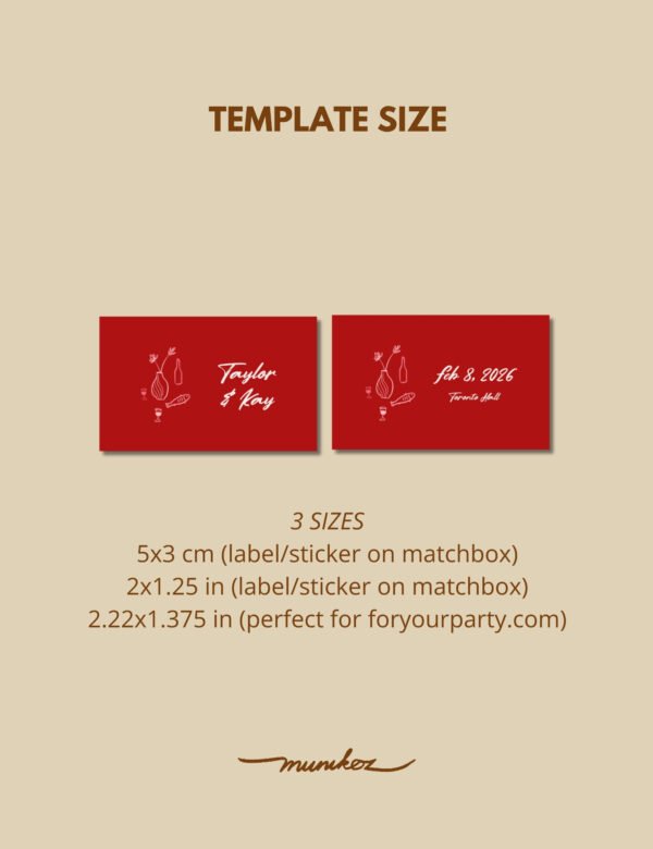 bold red hand drawn whimsical illustration on matchbox wedding favor template by munikoz