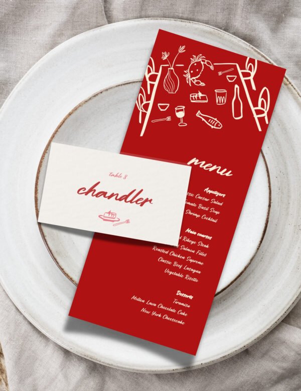 bold red hand drawn whimsical illustration on menu and place card template by munikoz