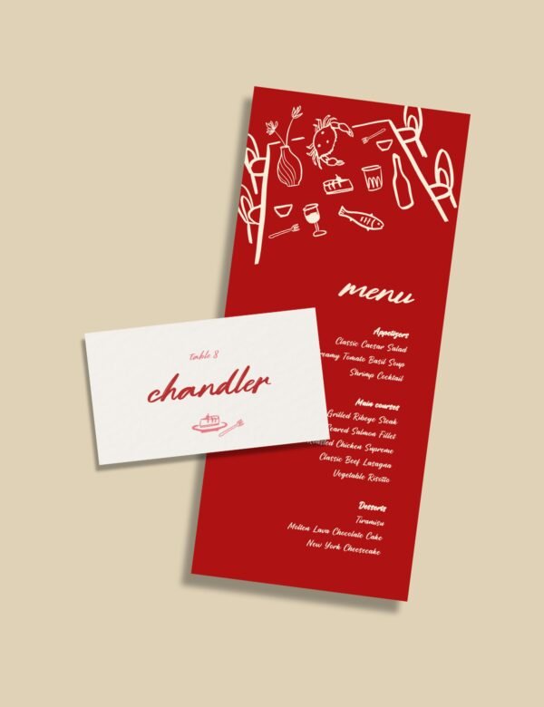 bold red hand drawn whimsical illustration on menu and place card template by munikoz