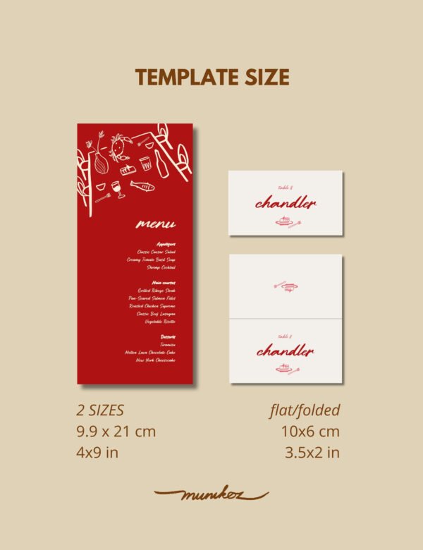 bold red hand drawn whimsical illustration on menu and place card template by munikoz