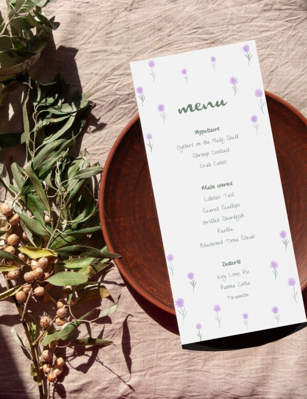 flying purple wild flower menu card template by munikoz