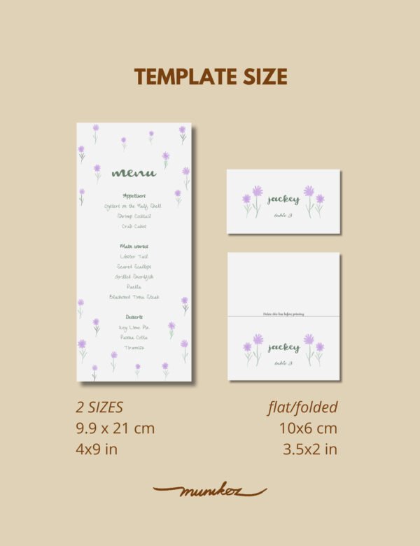 flying purple wild flower menu card and place card template by munikoz