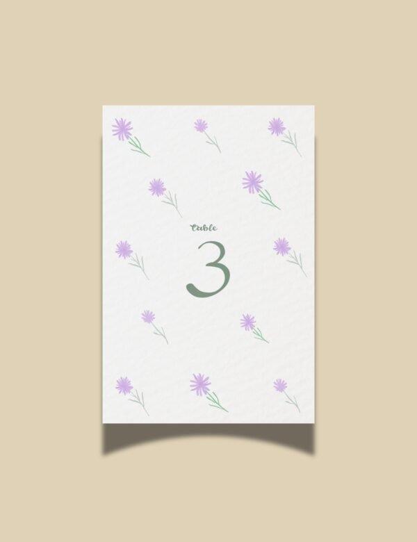 flying purple wild flower table number card template by munikoz