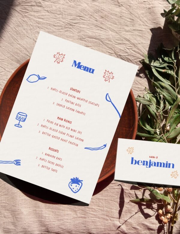 menu card and place card with maple leave and dinning party items doodle