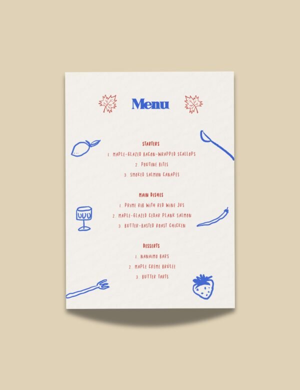 menu card with maple leave and dinning party items doodle