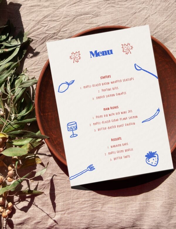 menu card with maple leave and dinning party items doodle