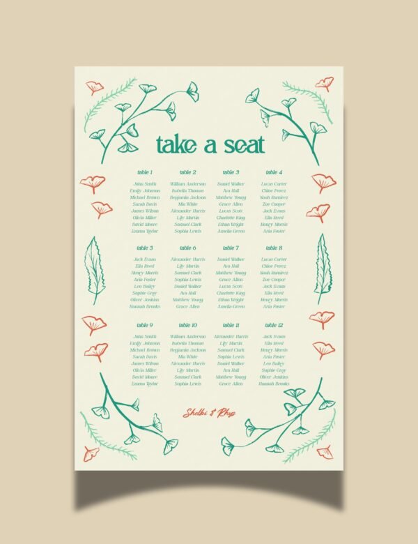 hand drawn vintage ginkgo illustration 12 table seating chart template set by munikoz