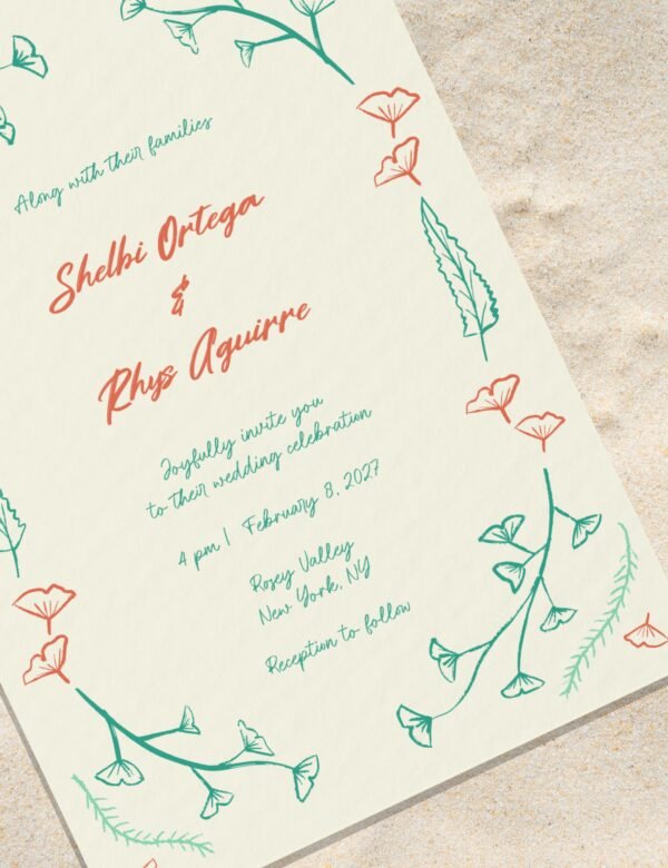 hand drawn vintage ginkgo illustration wedding invitation template set by munikoz