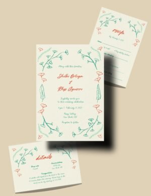 hand drawn vintage ginkgo illustration wedding invitation template set by munikoz