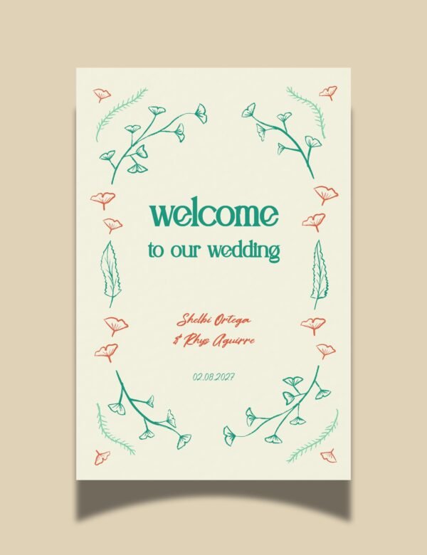 hand drawn vintage ginkgo illustration welcome sign template for wedding and any events by munikoz