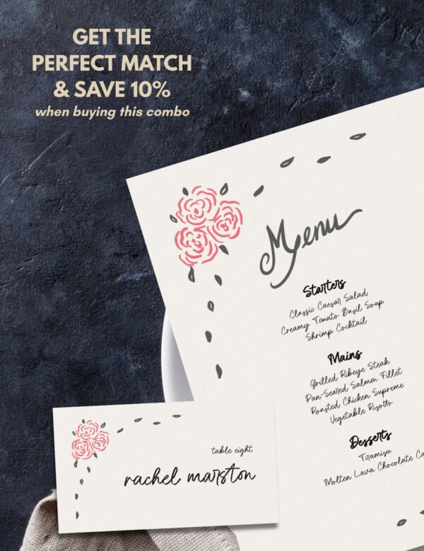 whimsical hand drawn rose vine frame menu and place card template by munikoz