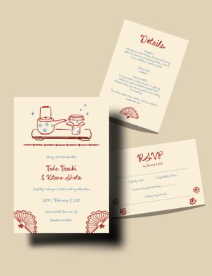 Japan inspired WEDDING INVITATION template Hand drawn Japanese tradition San san kudo ceremony illustration Modern Shinto wedding card by munikoz