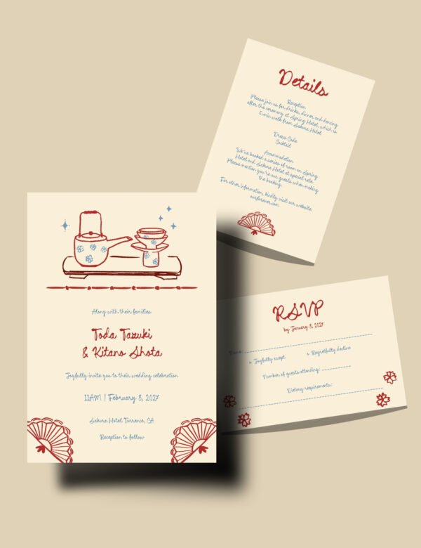 Japan inspired WEDDING INVITATION template Hand drawn Japanese tradition San san kudo ceremony illustration Modern Shinto wedding card by munikoz
