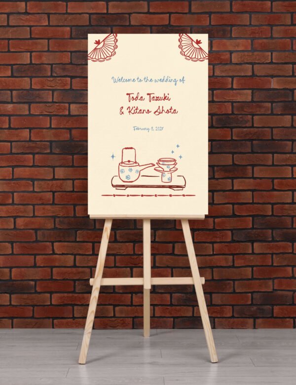 Japan inspired welcome sign template Hand drawn Japanese tradition San san kudo ceremony illustration Modern Shinto wedding by munikoz