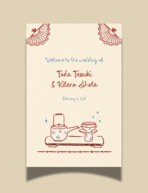 Japan inspired welcome sign template Hand drawn Japanese tradition San san kudo ceremony illustration Modern Shinto wedding by munikoz