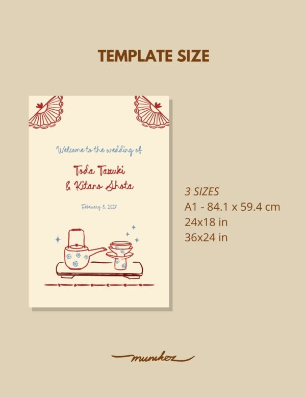 Japan inspired welcome sign template Hand drawn Japanese tradition San san kudo ceremony illustration Modern Shinto wedding by munikoz
