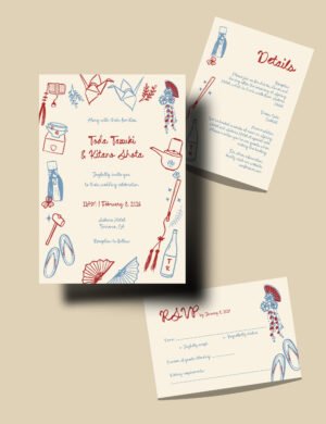 Hand drawn Japanese wedding illustration Modern whimsical destination wedding invitation template by munikoz