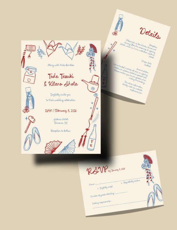Hand drawn Japanese wedding illustration Modern whimsical destination wedding invitation template by munikoz