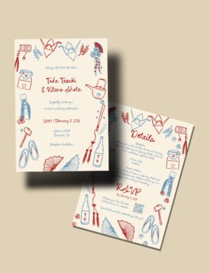 Hand drawn Japanese wedding illustration Modern whimsical destination wedding invitation template by munikoz