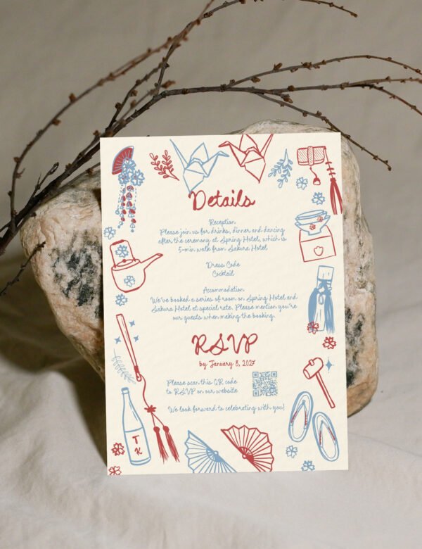 Hand drawn Japanese wedding illustration Modern whimsical destination wedding invitation template by munikoz