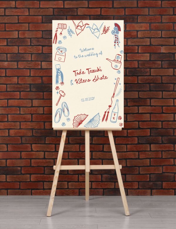 Hand drawn Japanese wedding illustration Modern whimsical destination wedding welcome sign template by munikoz