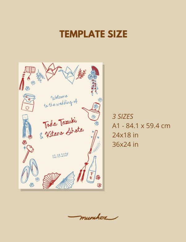 Hand drawn Japanese wedding illustration Modern whimsical destination wedding welcome sign template by munikoz