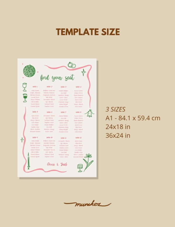 pink curvy line with silly party doodles 12 table seating chart template by munikoz