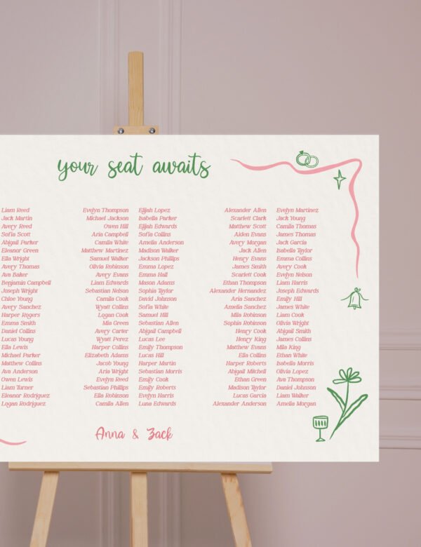 pink curvy line with silly party doodles banquet style seating chart template by munikoz