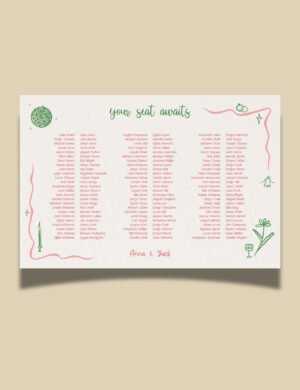 pink curvy line with silly party doodles banquet style seating chart template by munikoz