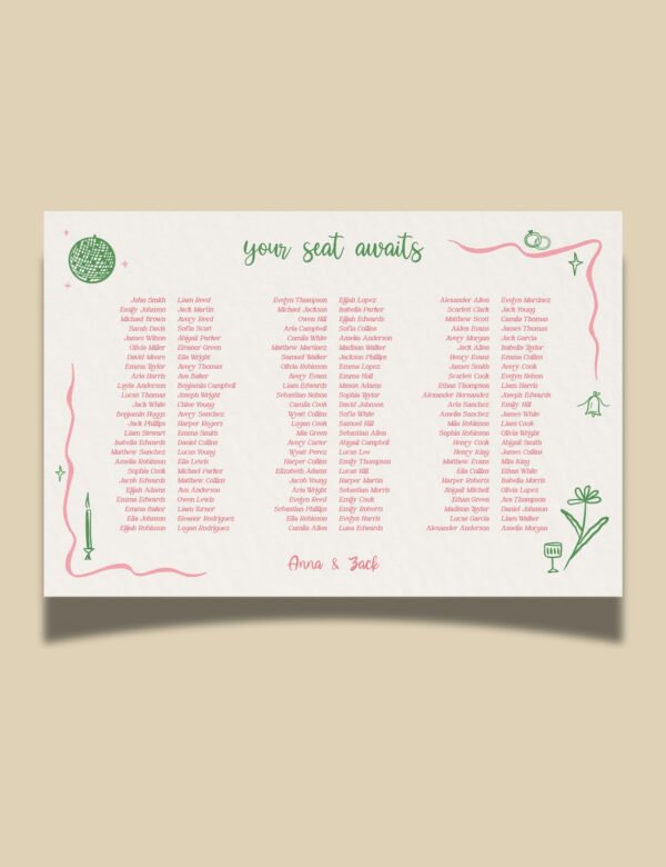 pink curvy line with silly party doodles banquet style seating chart template by munikoz