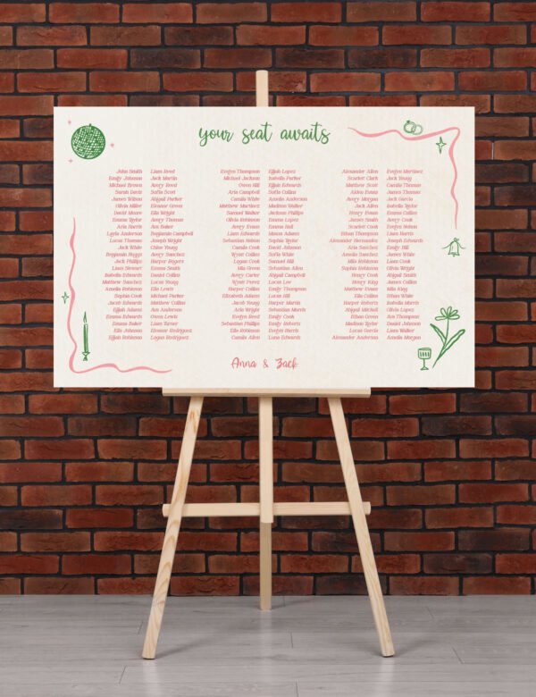 pink curvy line with silly party doodles banquet style seating chart template by munikoz