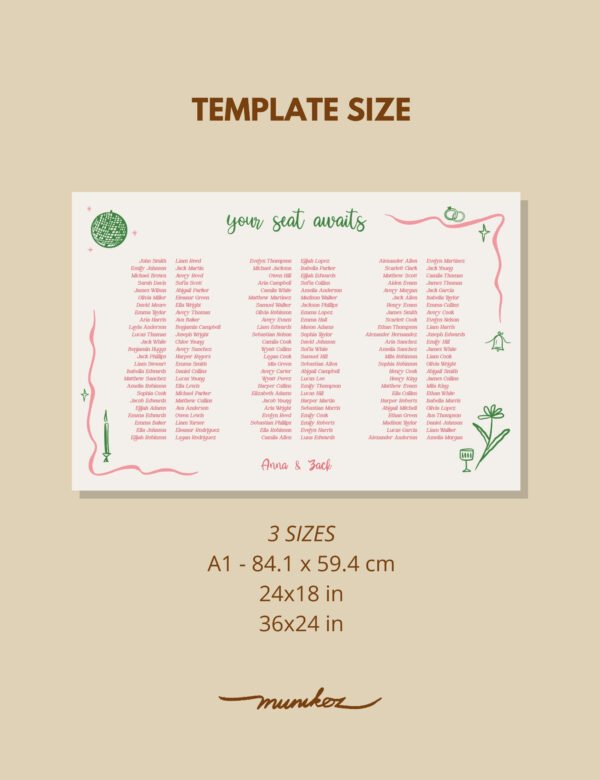pink curvy line with silly party doodles banquet style seating chart template by munikoz