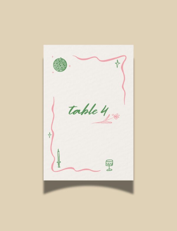 pink curvy line with silly party doodles table number card template by munikoz