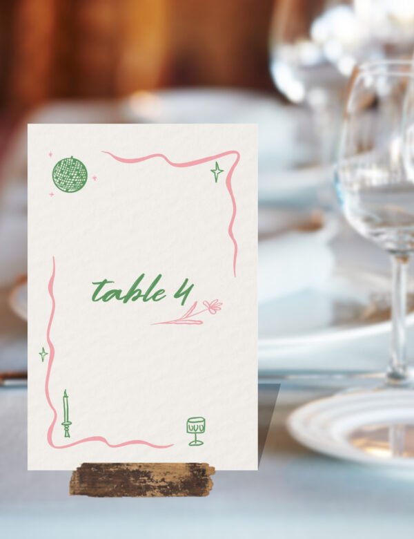 pink curvy line with silly party doodles table number card template by munikoz