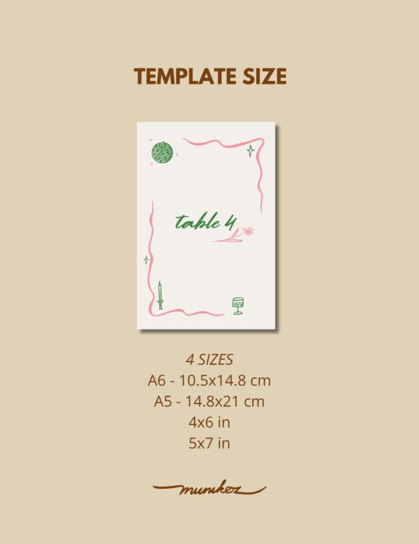 pink curvy line with silly party doodles table number card template by munikoz