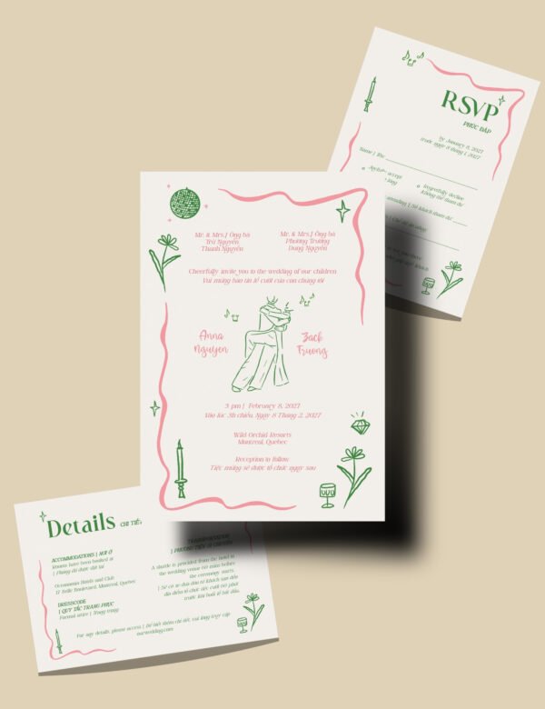 Bilingual Vietnamese Wedding Invitation Template Set Pink & Green Hand-Drawn Illustration RSVP & Details Cards Included