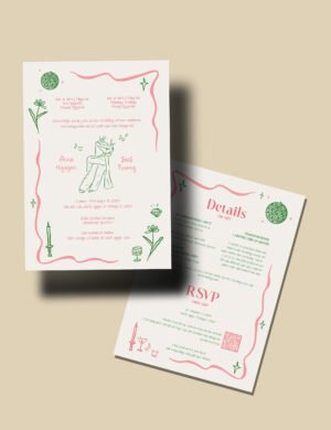 Bilingual Vietnamese Wedding Invitation Template Set Pink & Green Hand-Drawn Illustration RSVP & Details Cards Included