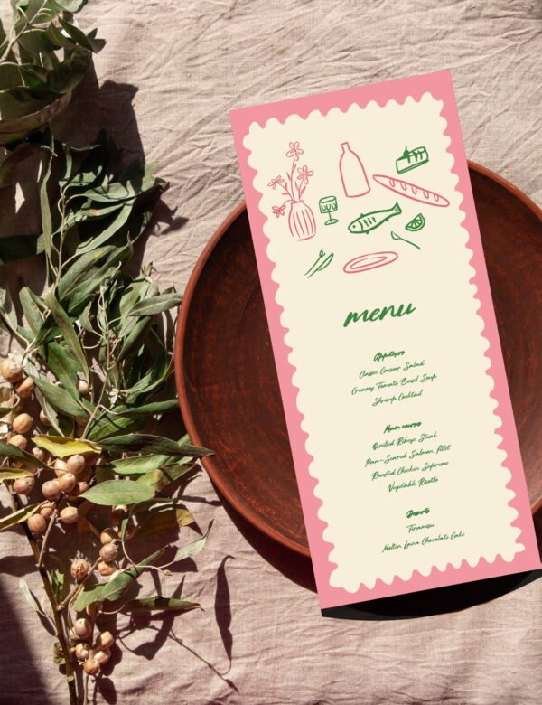 wavy frame with simple hand drawn dinning items menu card template by munikoz