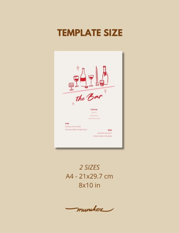 size of red bar menu with party hand drawn illustrations