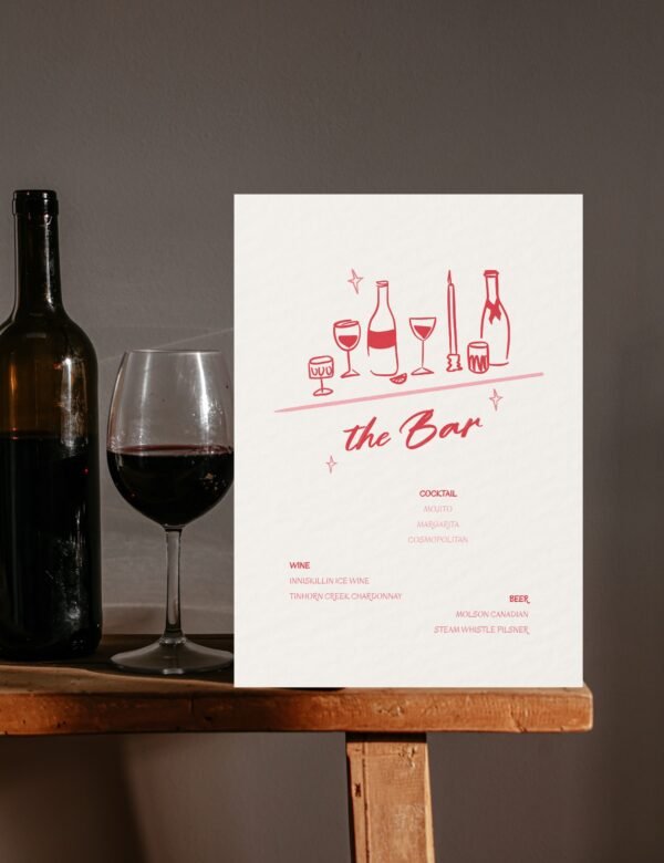 minimal bar menu with red doodles of wines and glasses