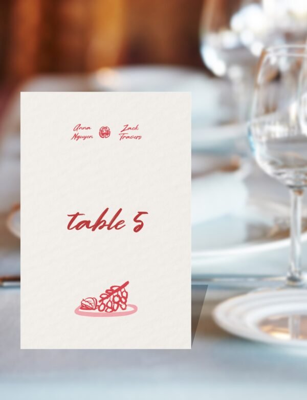 red minimal table number card with vietnamese traditional offerings doodle