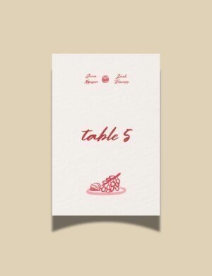 red minimal table number card with vietnamese traditional offerings doodle