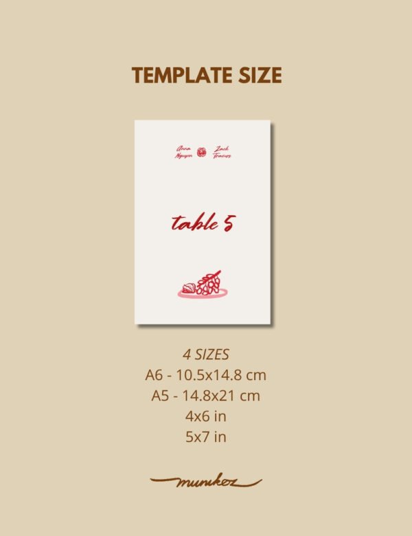 size of red table number card template with vietnamese wedding offering