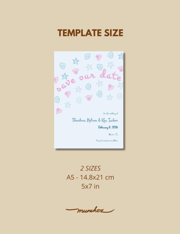 hand drawn seashell save the date card template for coastal wedding theme by munikoz